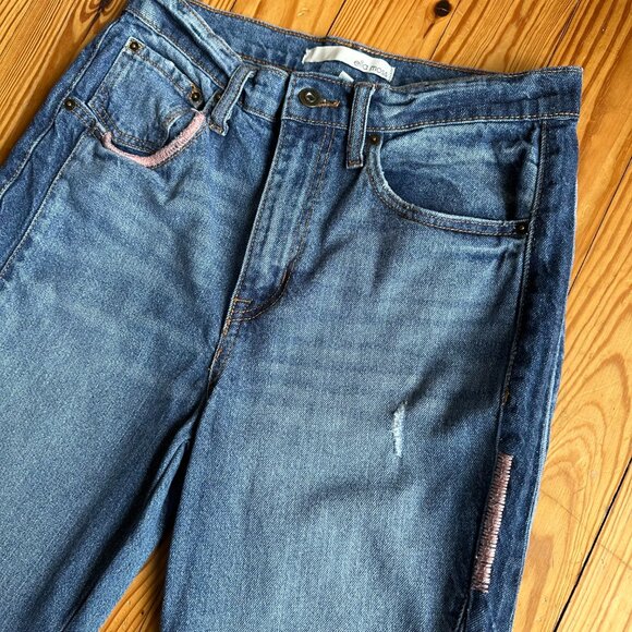 Ella Moss High Waist Straight Ankle Raw Hem Jeans with Pink Accent Stitching - Picture 3 of 11